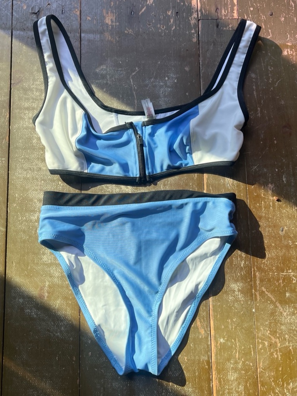 Solid & Striped two-piece bikini blue, white & black colorblock design size